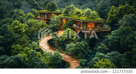 forest with ecotourism paths, cabins made from eco-friendly materials. 121715585