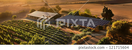 sustainable, eco-friendly farm, showcasing renewable energy sources . 121715604