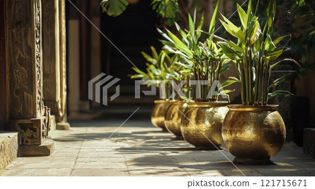 Traditional brass pots with sugarcane stalks placed at the corners 121715671
