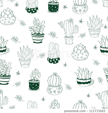 Seamless pattern with flowerpots cactus on white  background. Vector illustration. Botanical endless background with exotic potted flowers cacti in doodle style. 121715683