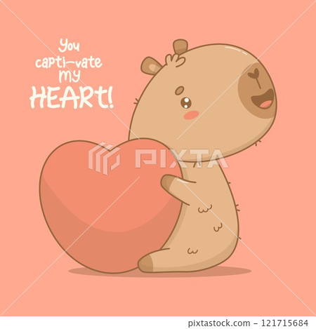 Cute enamored Capybara with big heart. Calm happy cartoon kawaii character on pink background. Vector illustration. Holiday Valentine cool card with slogan congratulation 121715684