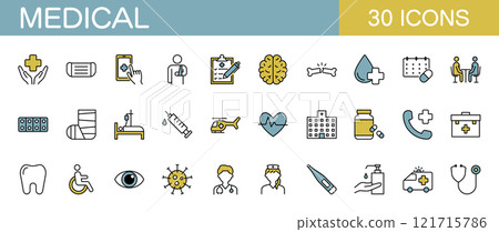 Medical, hospital, and disease line icon set (color) Medical, hospital, and disease line icon set (color) 121715786