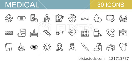 Medical, hospital and disease line icon set 121715787