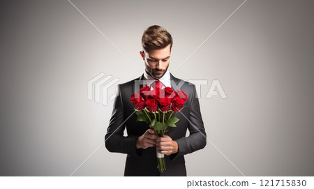 A handsome man in a sleek suit holds a stunning bouquet of red roses, preparing to present them to his beloved, creating a romantic and heartfelt gesture. AI Generated 121715830