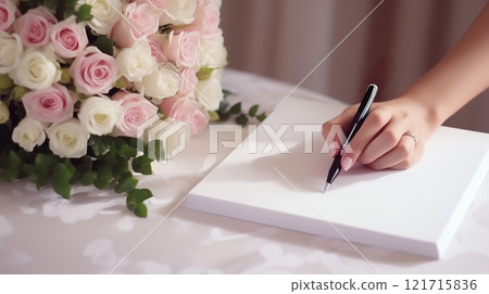 Friends and family write heartfelt messages and blessings in the wedding guest book, celebrating the couple's special day with love, joy and warm wishes. AI Generated 121715836