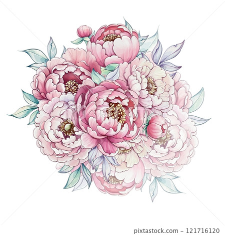 A vibrant cluster of peonies unfolds in soft watercolor, blending pinks and whites amid lush green leaves, exuding elegance and tranquility A vibrant cluster of peonies unfolds in soft watercolor, blending pinks and whites amid lush green leaves, exuding elegance and tranquility 121716120