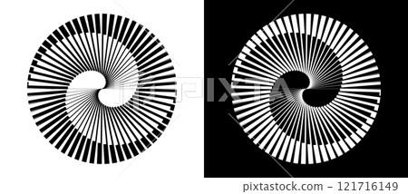 Spiral with lines as dynamic abstract vector background or logo or icon. Yin and Yang symbol. Black spiral on white background and white spiral on black background. 121716149