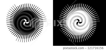 Spiral with lines as dynamic abstract vector background or logo or icon. Yin and Yang symbol. Black spiral on white background and white spiral on black background. Spiral with lines as dynamic abstract vector background or logo or icon. Yin and Yang symbol. Black spiral on white background and white spiral on black background. 121716156