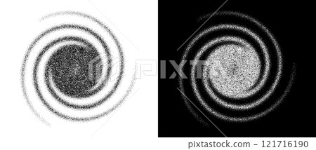 Abstract art background with dotted spiral. Stipple effect with chaotic noise. Black shape on a white background and the same white shape on the black side. Abstract art background with dotted spiral. Stipple effect with chaotic noise. Black shape on a white background and the same white shape on the black side. 121716190
