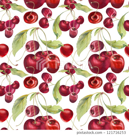Sweet sour red cherry with green leaves, hand drawn in watercolor, garden berry on branches in group clusters. Seamless pattern wallpaper illustration. Restaurant, cafe menu, wedding, farmers market. Sweet sour red cherry with green leaves, hand drawn in watercolor, garden berry on branches in group clusters. Seamless pattern wallpaper illustration. Restaurant, cafe menu, wedding, farmers market. 121716253