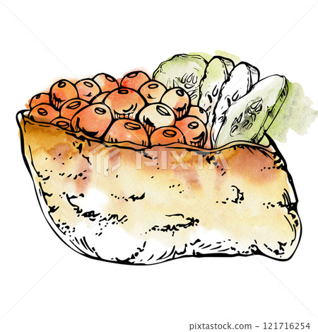 Traditional Japanese food inari sushi, fried tofu wrap pocket, cheese with raw fish salmon caviar, cucumber slices. Hand drawn in watercolor, ink. Illustration for restaurant, cafe menu, recipe book Traditional Japanese food inari sushi, fried tofu wrap pocket, cheese with raw fish salmon caviar, cucumber slices. Hand drawn in watercolor, ink. Illustration for restaurant, cafe menu, recipe book 121716254