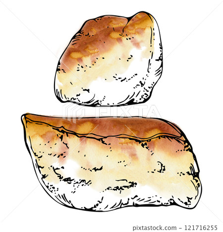 Traditional Japanese inari sushi tofu wrap pocket, tamagoyaki fried cheese pancake omelette, vegetarian vegan food. Hand drawn in watercolor, ink. Illustration for restaurant, cafe menu, recipe book 121716255