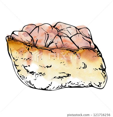 Traditional Japanese food inari sushi tofu wrap pocket, fried soy cheese omelette with raw fish salmon tuna crab. Hand drawn in watercolor, ink. Illustration for restaurant, cafe menu, recipe book 121716256