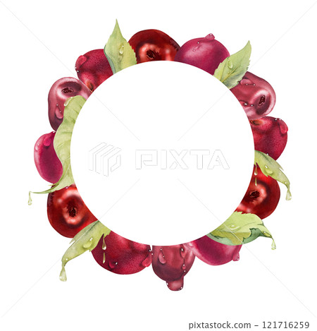 Sweet sour red cherry with green leaves, hand drawn in watercolor, garden berry in group clusters on branches. Wreath circle frame illustration, for restaurant, cafe menu, wedding, farmers market. Sweet sour red cherry with green leaves, hand drawn in watercolor, garden berry in group clusters on branches. Wreath circle frame illustration, for restaurant, cafe menu, wedding, farmers market. 121716259