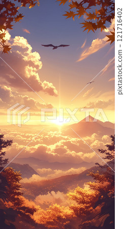 從有秋葉和雲海的山上看到的太陽的 AI 影像 121716402