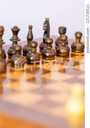 Wooden black chess pieces on the chessboard Wooden black chess pieces on the chessboard 121716521