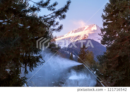 Bansko, Bulgaria forest, ski road run at dawn 121716542