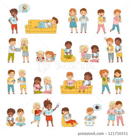 Kids with Smartphone and Tablet Browse in the Internet Vector Set Kids with Smartphone and Tablet Browse in the Internet Vector Set 121716551