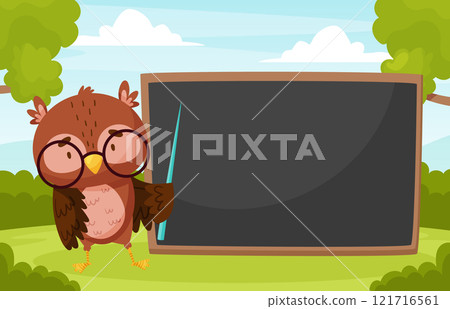Smart Owl Character as Forest Animal at Chalkboard Vector Template 121716561