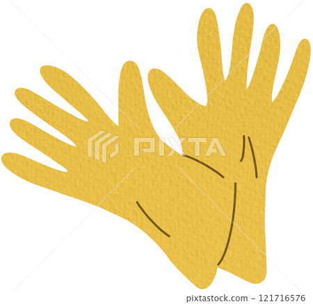 Yellow rubber gloves. Latex gloves as a symbol of protection against viruses and bacteria. Hygiene, cleaning, wash, housekeeping work. Work and protective equipment. Vector illustration in flat style Yellow rubber gloves. Latex gloves as a symbol of protection against viruses and bacteria. Hygiene, cleaning, wash, housekeeping work. Work and protective equipment. Vector illustration in flat style 121716576