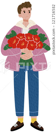 Stylish casual guy holding a bouquet of flowers.Hand drawn flat illustration. On white background.	 121716582