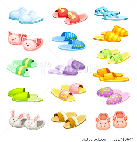 Pairs of Comfortable Slippers as Soft Textile Home Footwear Vector Set Pairs of Comfortable Slippers as Soft Textile Home Footwear Vector Set 121716644