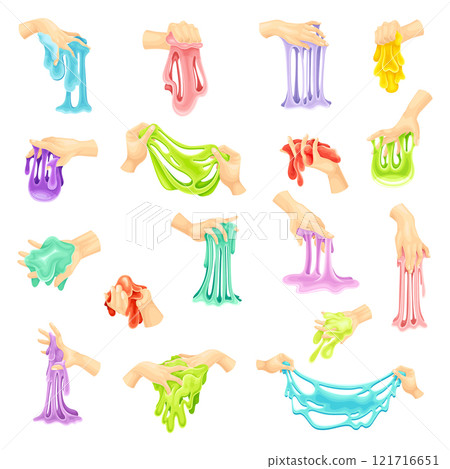 Human Hand Holding Slime as Viscous Colorful Toy Vector Set 121716651