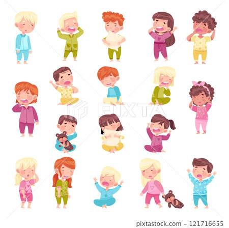 Sleepy Little Boy and Girl Wearing Pajamas Get Ready to Bed Vector Set 121716655