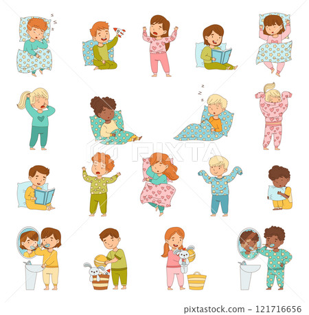 Sleepy Little Boy and Girl Wearing Pajamas Get Ready to Bed Vector Set Sleepy Little Boy and Girl Wearing Pajamas Get Ready to Bed Vector Set 121716656