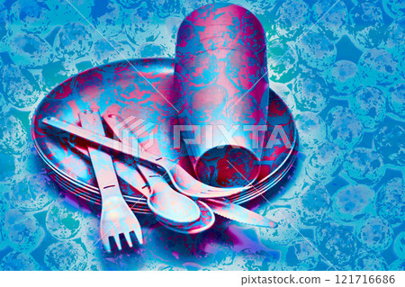 Abstract spotted plastic dinnerware set.Cup,plate,fork,knife,spoon Abstract spotted plastic dinnerware set.Cup,plate,fork,knife,spoon 121716686