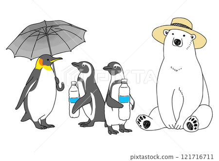 Hand-drawn illustrations of animals taking measures against heat stroke 121716711