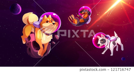 Cartoon dogs floating in colorful cosmic scene Cartoon dogs floating in colorful cosmic scene 121716747