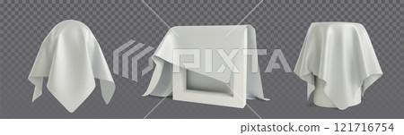 3d covered objects under white cloth drapery 3d covered objects under white cloth drapery 121716754