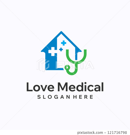Hospital logo design template. House with stethoscope concept. Creative vector symbol. 121716798