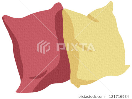 Various pillows. Colored and soft pillows. Resting in bed on the sofa. Warm cozy pillows. Vector illustration on white background. 121716984