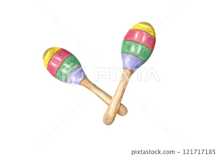 Two maracas with colorful striped ornaments watercolor illustration. Musical percussion instrument for Cinco de mayo greeting cards, Mardi Gras, Brazilian carnival invitation design Two maracas with colorful striped ornaments watercolor illustration. Musical percussion instrument for Cinco de mayo greeting cards, Mardi Gras, Brazilian carnival invitation design 121717185
