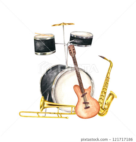 Watercolor musical percussion, string and wind instruments illustration. Saxophone, trombone, electric guitar and drum kit composition. Hand painted orchestra elements for jazz, rock festival poster Watercolor musical percussion, string and wind instruments illustration. Saxophone, trombone, electric guitar and drum kit composition. Hand painted orchestra elements for jazz, rock festival poster 121717186