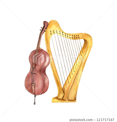 Watercolor classical string musical instruments isolated illustration . Wooden bowed contrabass and harp. Composition for jazz festival design. carnival cards, design St Patrick day element. Watercolor classical string musical instruments isolated illustration . Wooden bowed contrabass and harp. Composition for jazz festival design. carnival cards, design St Patrick day element. 121717187