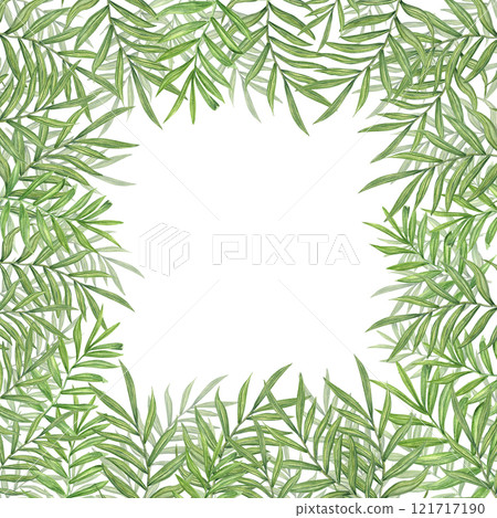 Tropical leaves watercolor frame with copy space for text. Jungle bamboo branches with green leaves summer illustration. Floral border for greeting card, wedding invitation, package design Tropical leaves watercolor frame with copy space for text. Jungle bamboo branches with green leaves summer illustration. Floral border for greeting card, wedding invitation, package design 121717190