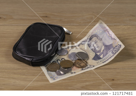 A wallet with bills and coins before payday 121717481