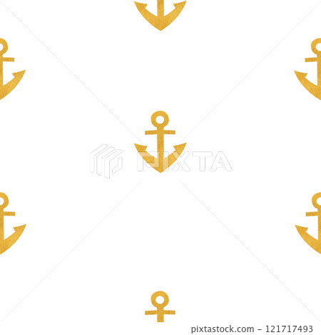 Anchor gold watercolor seamless pattern isolated on white. Hand painted art perfect for cards, wrapping paper, packaging, tickets, stationary tourism, travel, voyage design. Monochromatic clip art Anchor gold watercolor seamless pattern isolated on white. Hand painted art perfect for cards, wrapping paper, packaging, tickets, stationary tourism, travel, voyage design. Monochromatic clip art 121717493