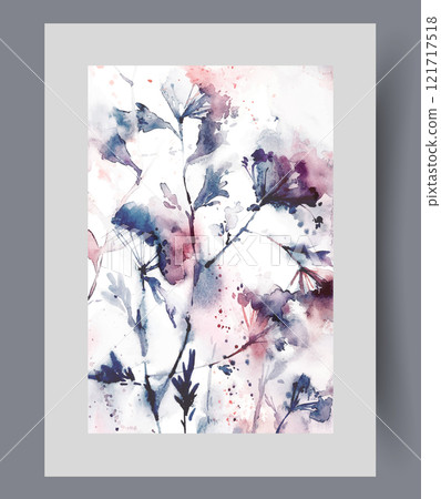 Fragrant field plants with pollen or seeds flying in wind on wall art. Watercolor artwork Fragrant field plants with pollen or seeds flying in wind on wall art. Watercolor artwork 121717518