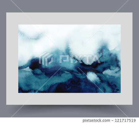 Gloomy composition with blue strokes of paint of different tones on wall art. Watercolor artwork 121717519