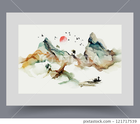 Picturesque nature with sun setting behind mountain ranges and birds circling in sky Picturesque nature with sun setting behind mountain ranges and birds circling in sky 121717539