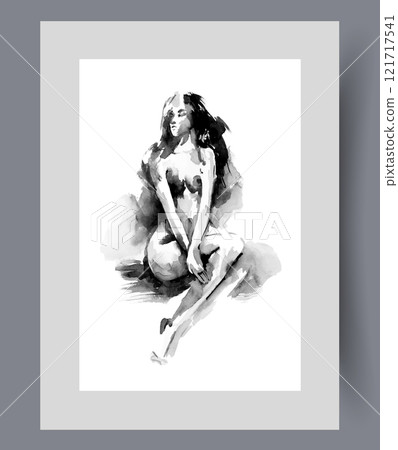 Naked woman with bare breasts closes eyes and turns away on wall art. Watercolor artwork 121717541