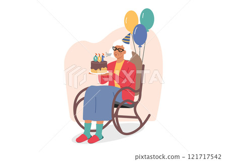 Elderly woman celebrates centenary and blows out candles on birthday cake, sits in rocking chair Elderly woman celebrates centenary and blows out candles on birthday cake, sits in rocking chair 121717542