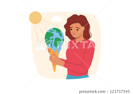 Global warming negatively affects planet earth and melts globe held by sad woman volunteer Global warming negatively affects planet earth and melts globe held by sad woman volunteer 121717545