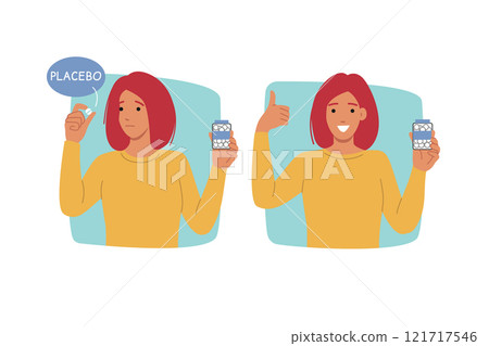 Placebo pills in hands of woman consuming pacifier medicine for psychological improvement 121717546