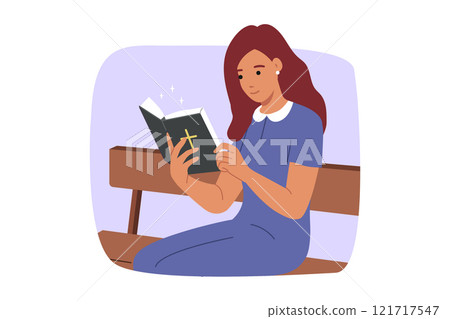 Woman reads bible sitting on park bench and studying religious rules and history of christianity Woman reads bible sitting on park bench and studying religious rules and history of christianity 121717547