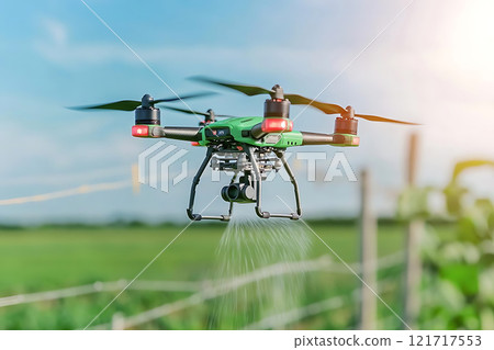 drone spraying crops in vibrant green field under clear sky 121717553